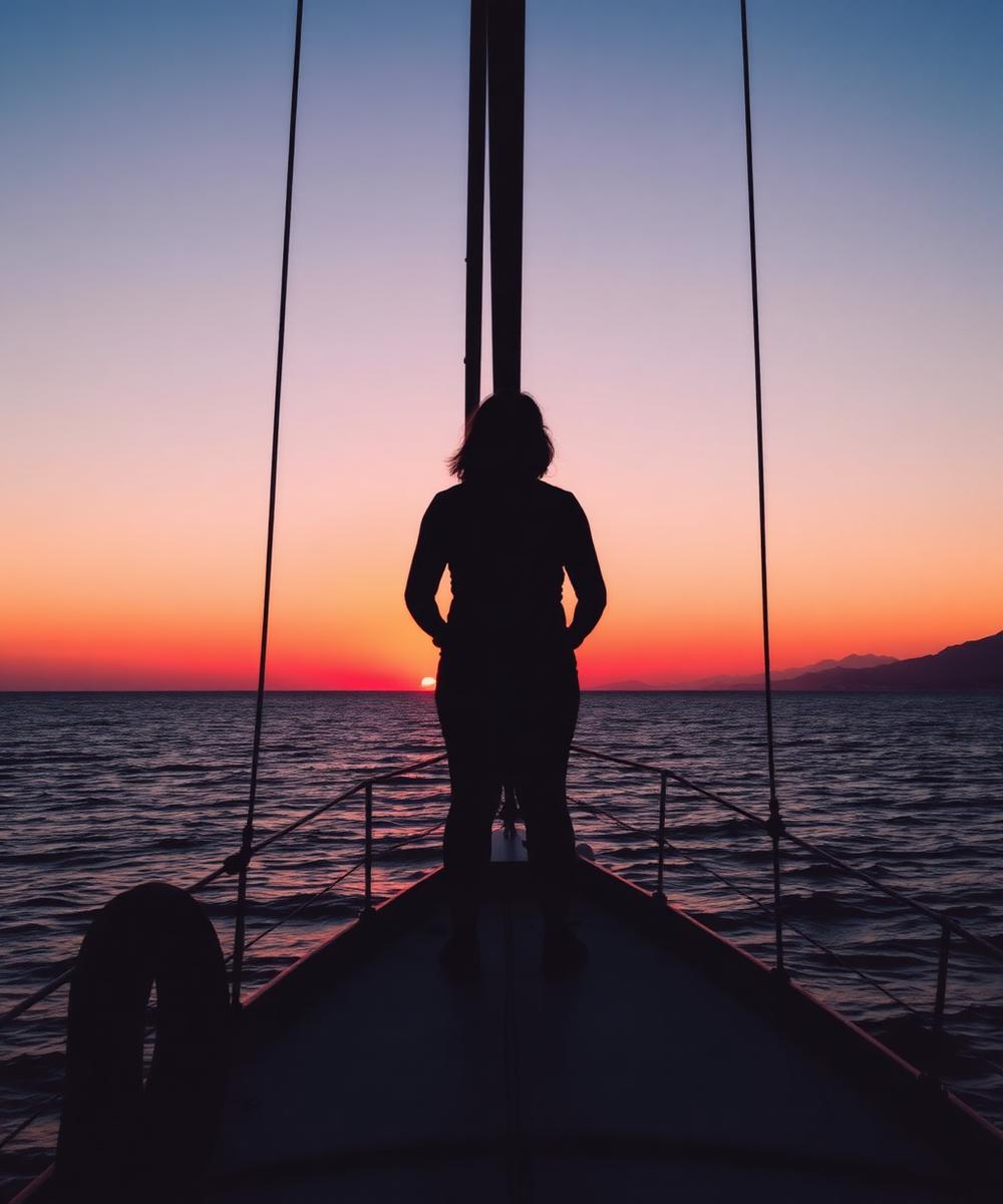 Person on bow at sunset