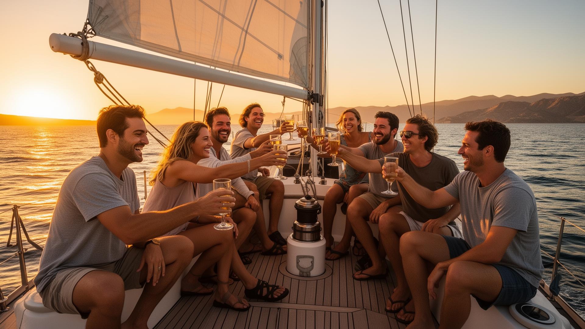 Friends on a sailboat at sunset